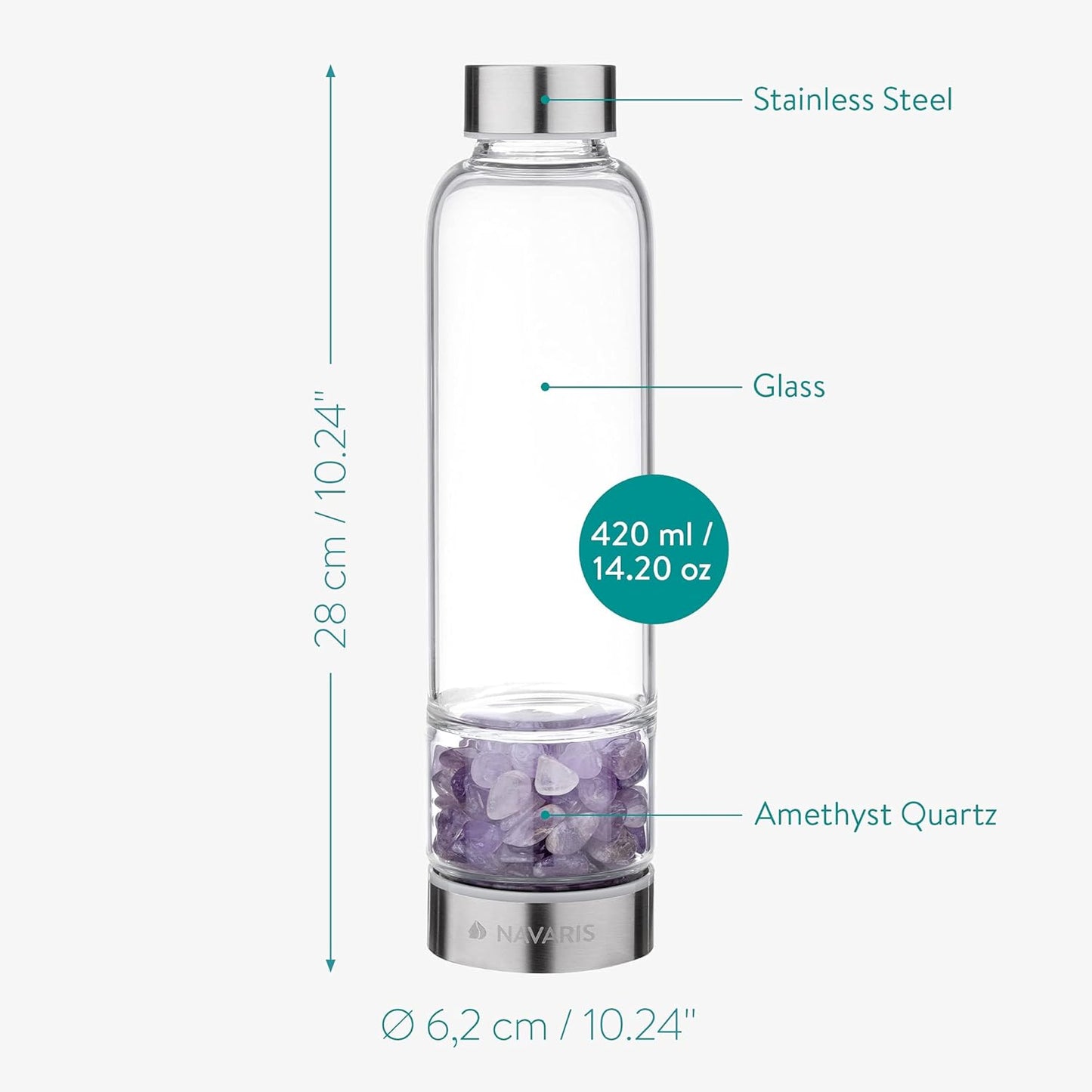 Botella de cristal Navaris con amatista natural en la base – Agua energizada 420 ml.