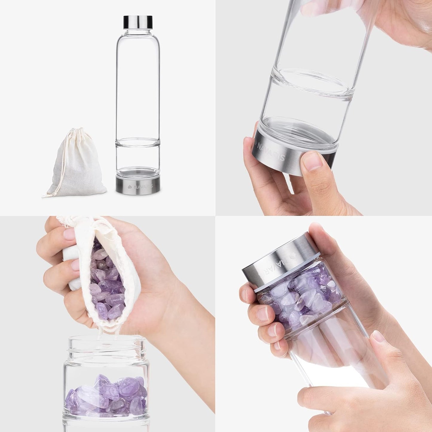 Botella de cristal Navaris con amatista natural en la base – Agua energizada 420 ml.