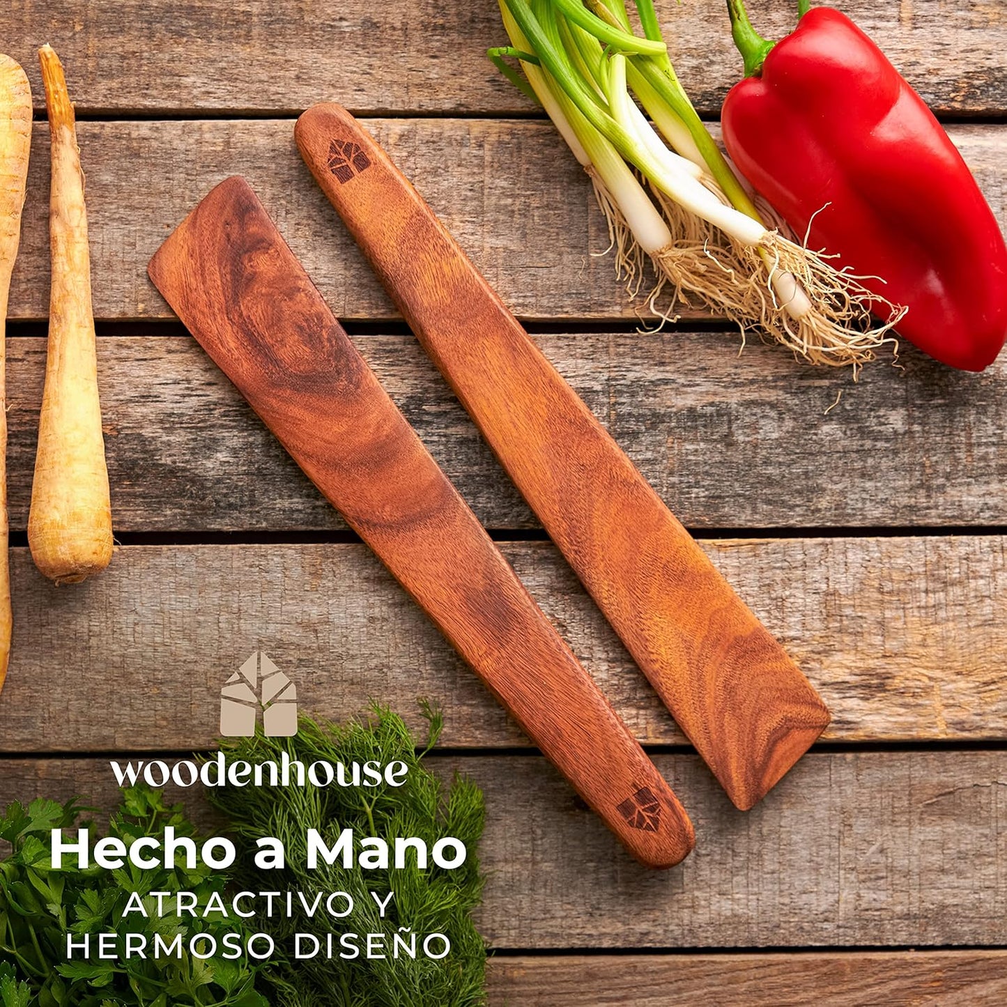 Espátulas de cocina 100% madera de teca | Set de 2 palas naturales 30 cm