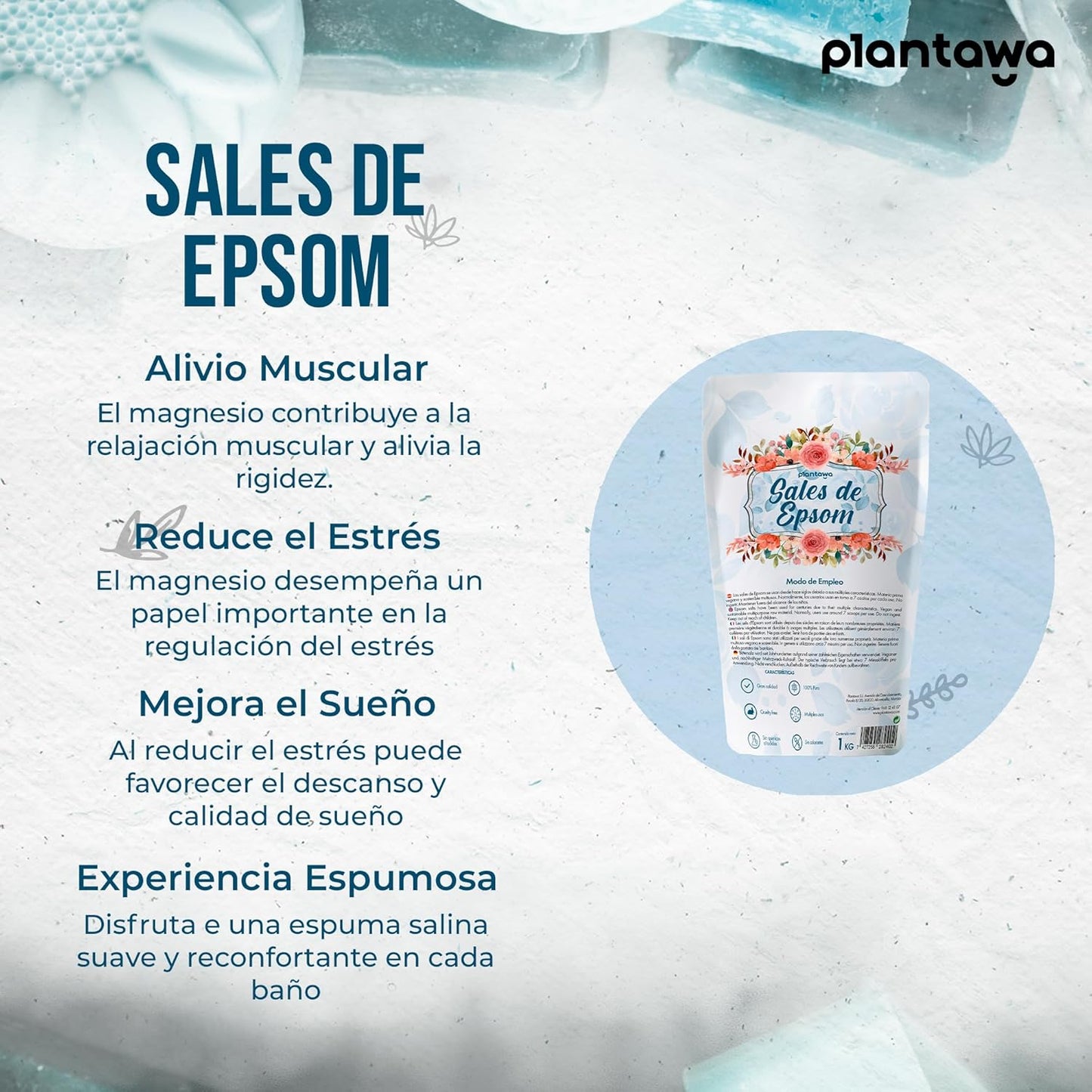 Sales de Epsom Plantawa 1 kg – 100 % puras para baños relajantes y recuperación natural.