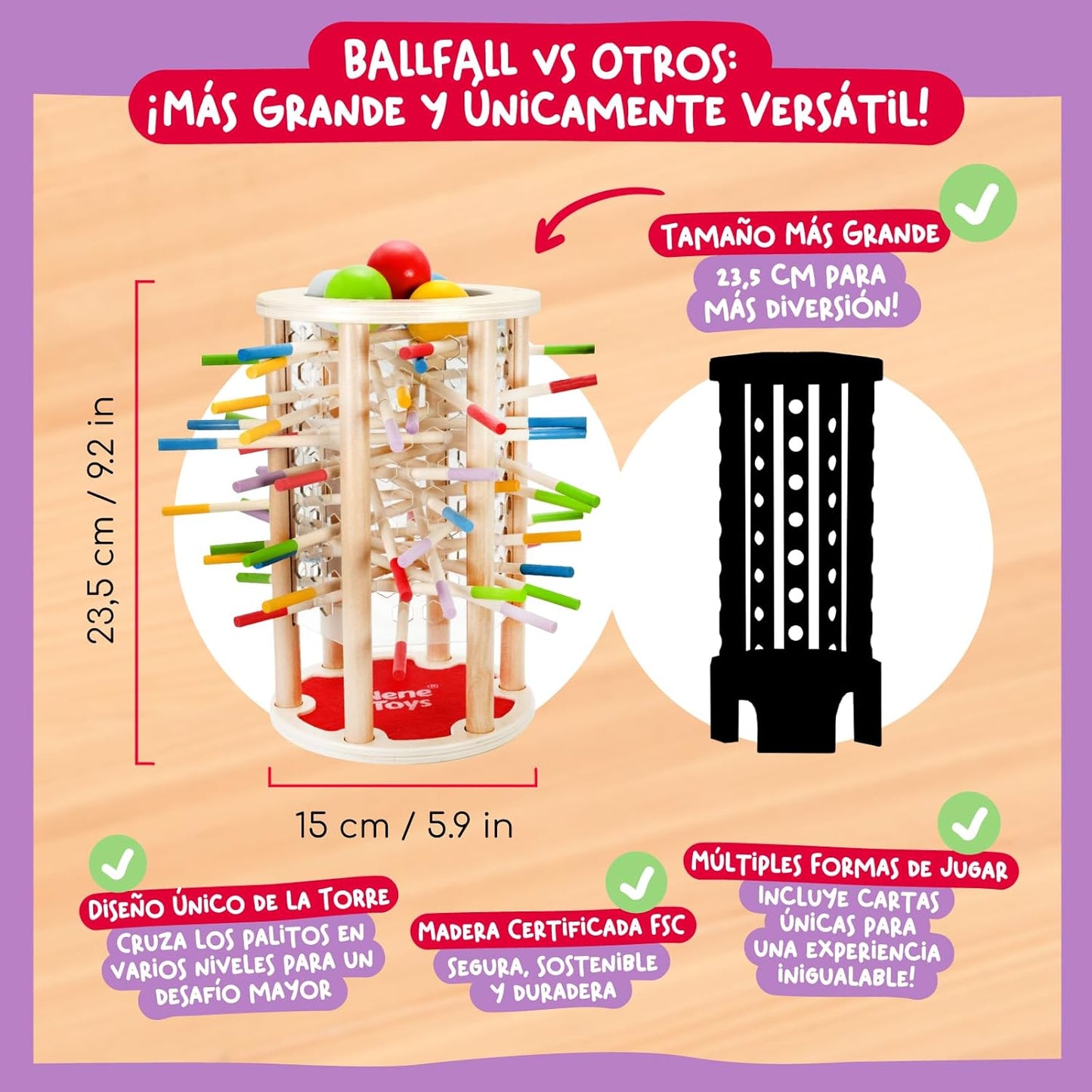 Juego Montessori BALLFALL | Torre de Madera Educativa con Palitos y Dados | Niños 3-9 Años | Juego Familiar