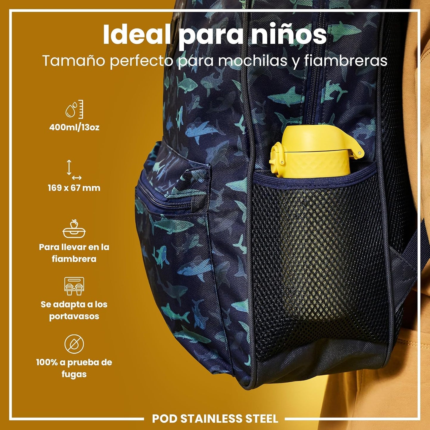 Botella infantil de acero inoxidable ION8 400ml – segura, compacta y sin fugas.