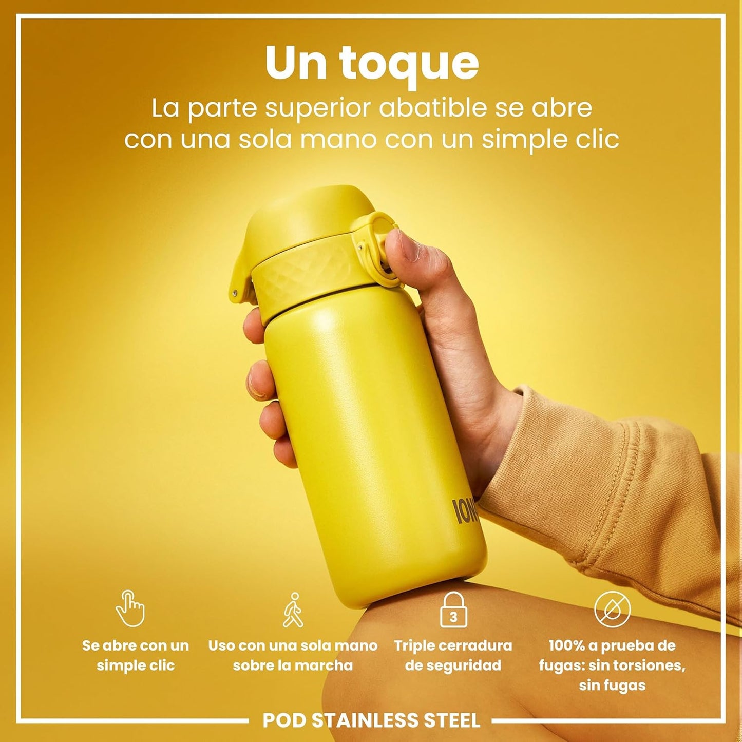 Botella infantil de acero inoxidable ION8 400ml – segura, compacta y sin fugas.