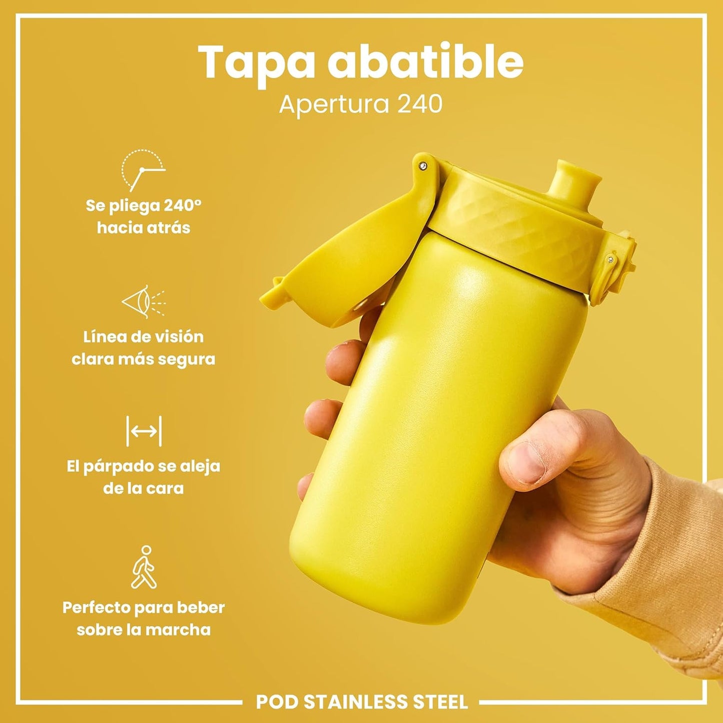 Botella infantil de acero inoxidable ION8 400ml – segura, compacta y sin fugas.