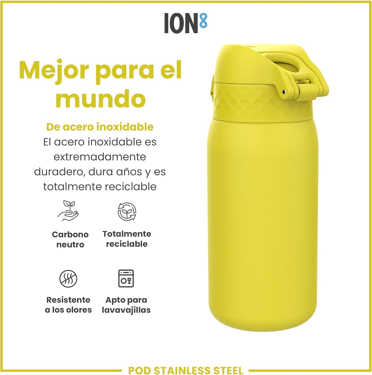 Botella infantil de acero inoxidable ION8 400ml – segura, compacta y sin fugas.