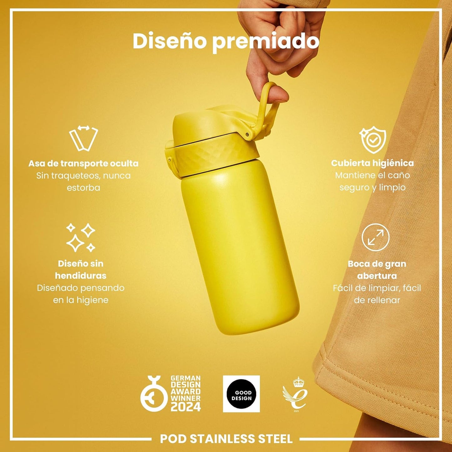 Botella infantil de acero inoxidable ION8 400ml – segura, compacta y sin fugas.