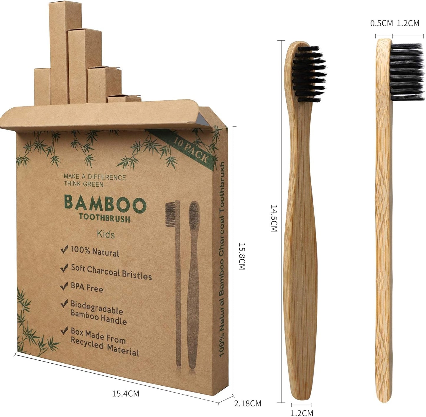 Cepillos de Dientes Bambú para Niños | Pack 10 Colores con Cerdas Suaves y Biodegradables