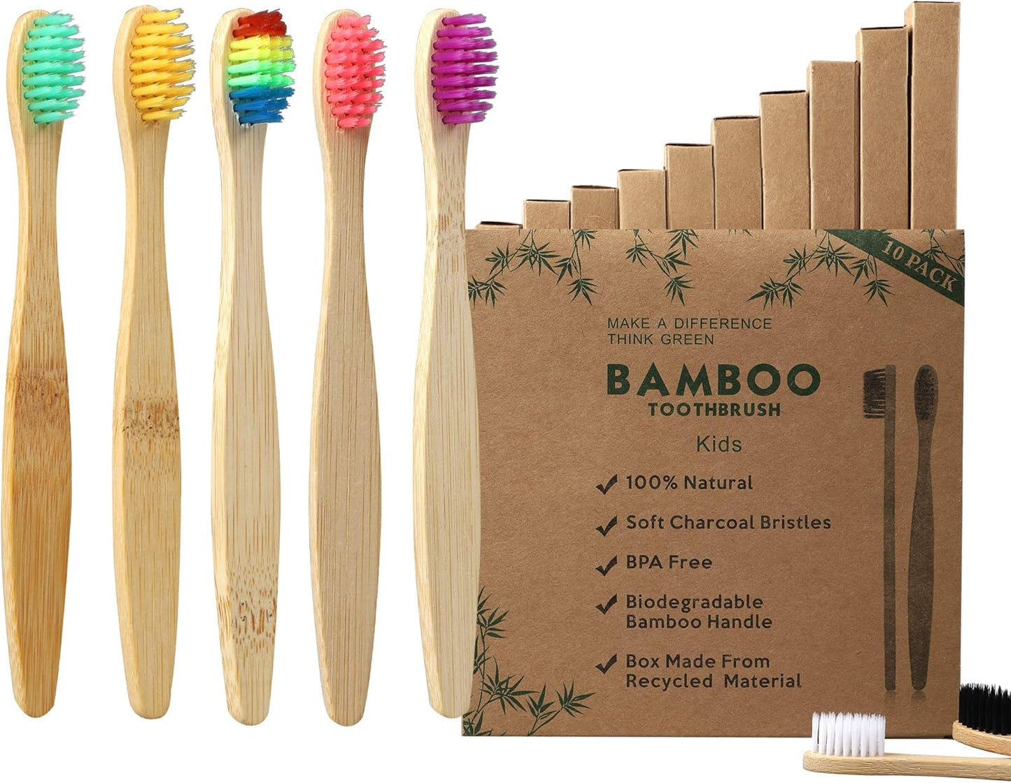 Cepillos de Dientes Bambú para Niños | Pack 10 Colores con Cerdas Suaves y Biodegradables