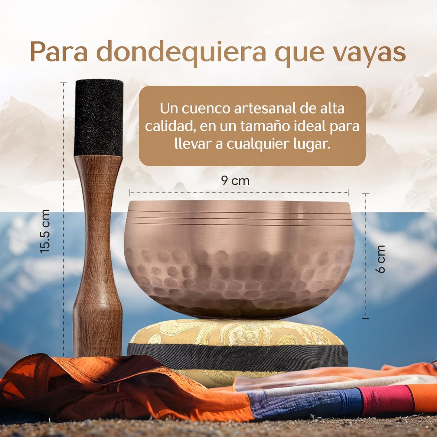 Cuenco tibetano Con Mazo De Superficie Doble Y Cojín De Seda