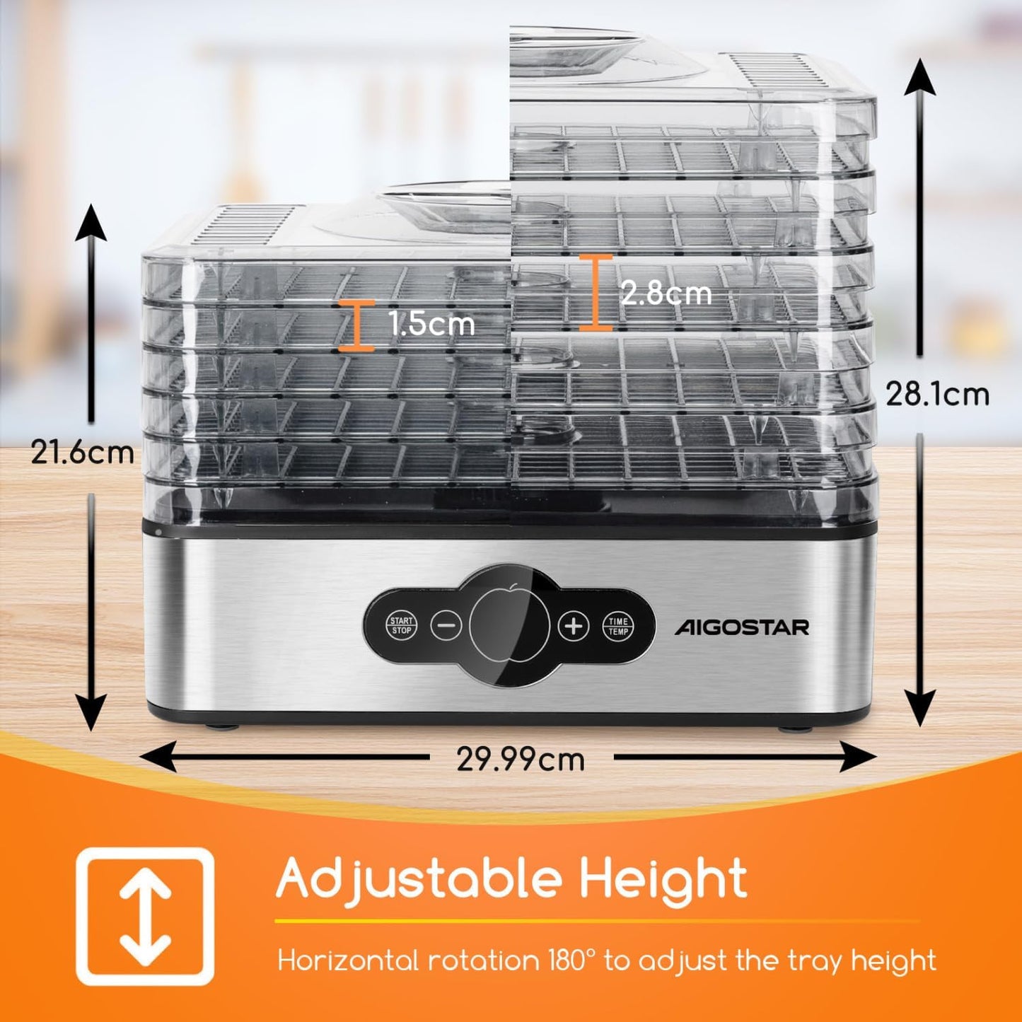 Deshidratador de Alimentos 240W | 5 Bandejas Altura Regulable | Temporizador LED 99H | Sin BPA