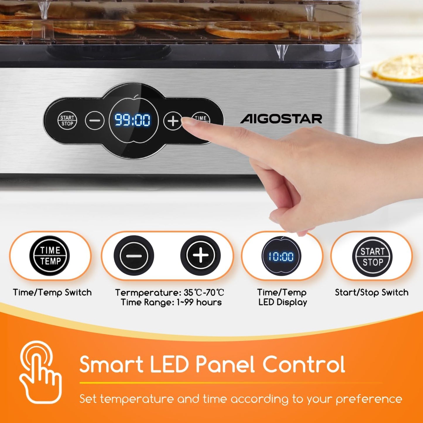 Deshidratador de Alimentos 240W | 5 Bandejas Altura Regulable | Temporizador LED 99H | Sin BPA