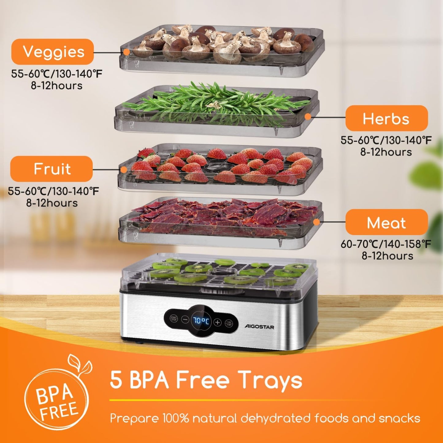 Deshidratador de Alimentos 240W | 5 Bandejas Altura Regulable | Temporizador LED 99H | Sin BPA
