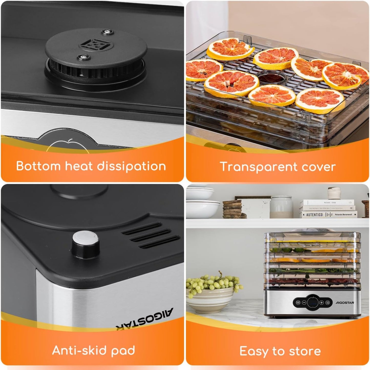 Deshidratador de Alimentos 240W | 5 Bandejas Altura Regulable | Temporizador LED 99H | Sin BPA