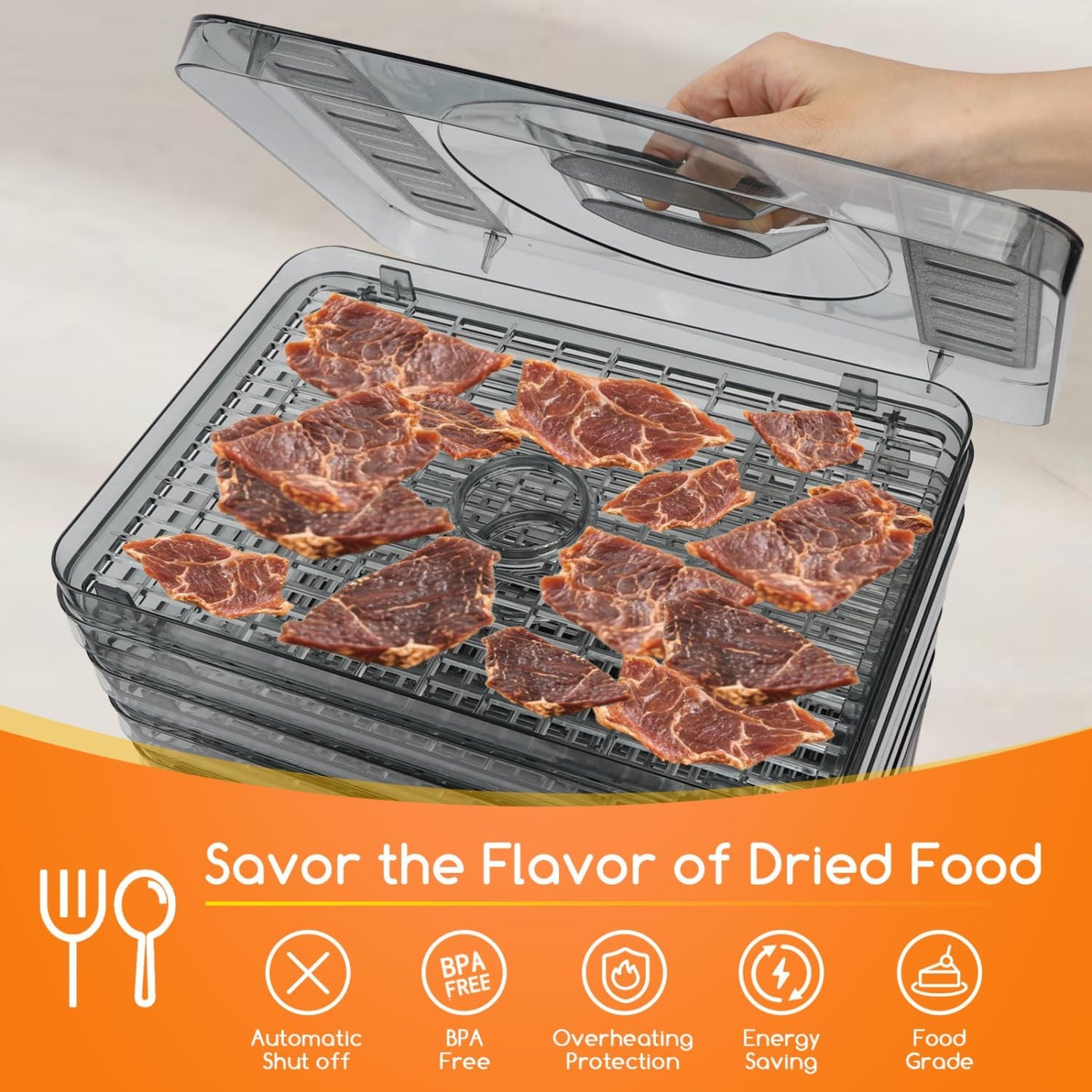 Deshidratador de Alimentos 240W | 5 Bandejas Altura Regulable | Temporizador LED 99H | Sin BPA