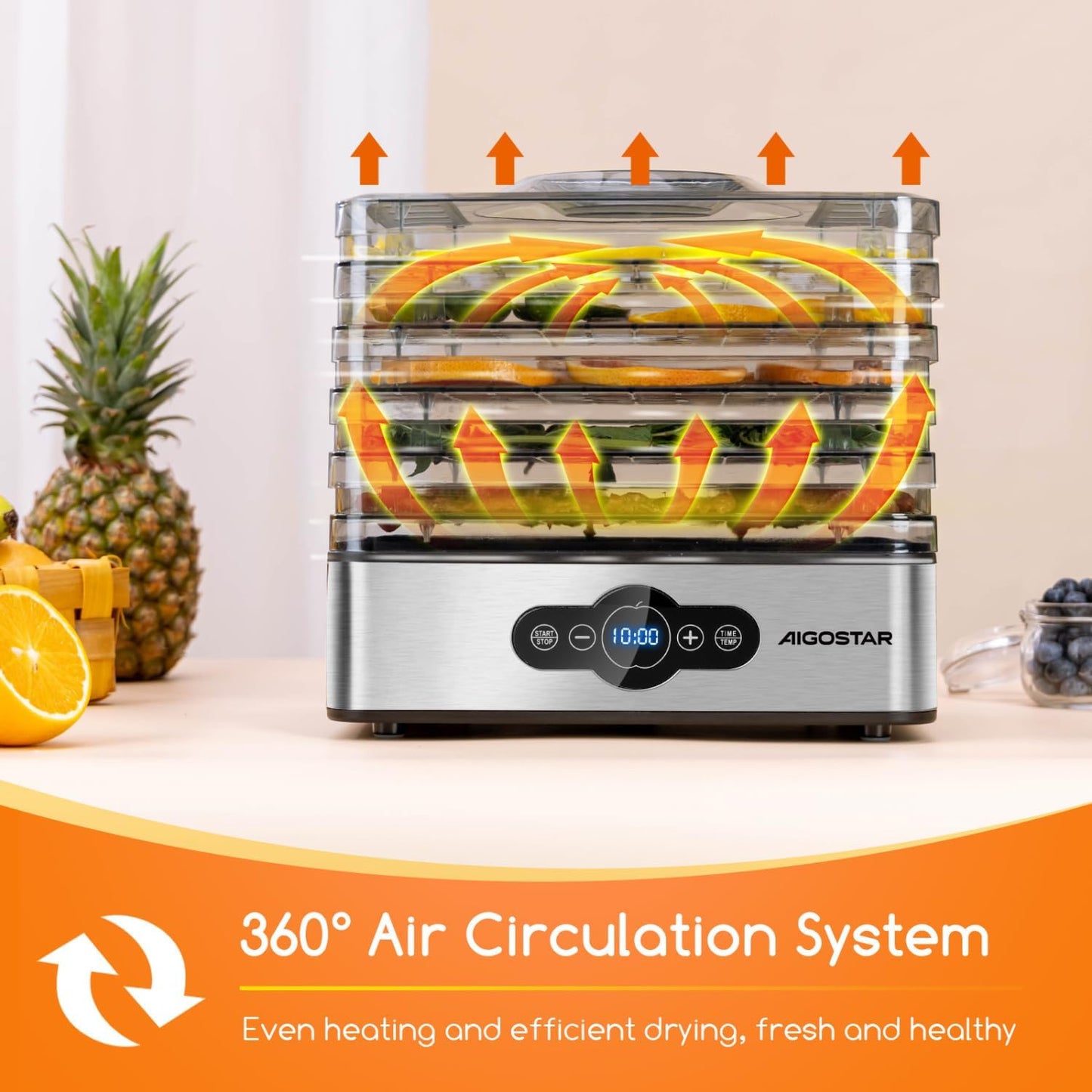 Deshidratador de Alimentos 240W | 5 Bandejas Altura Regulable | Temporizador LED 99H | Sin BPA