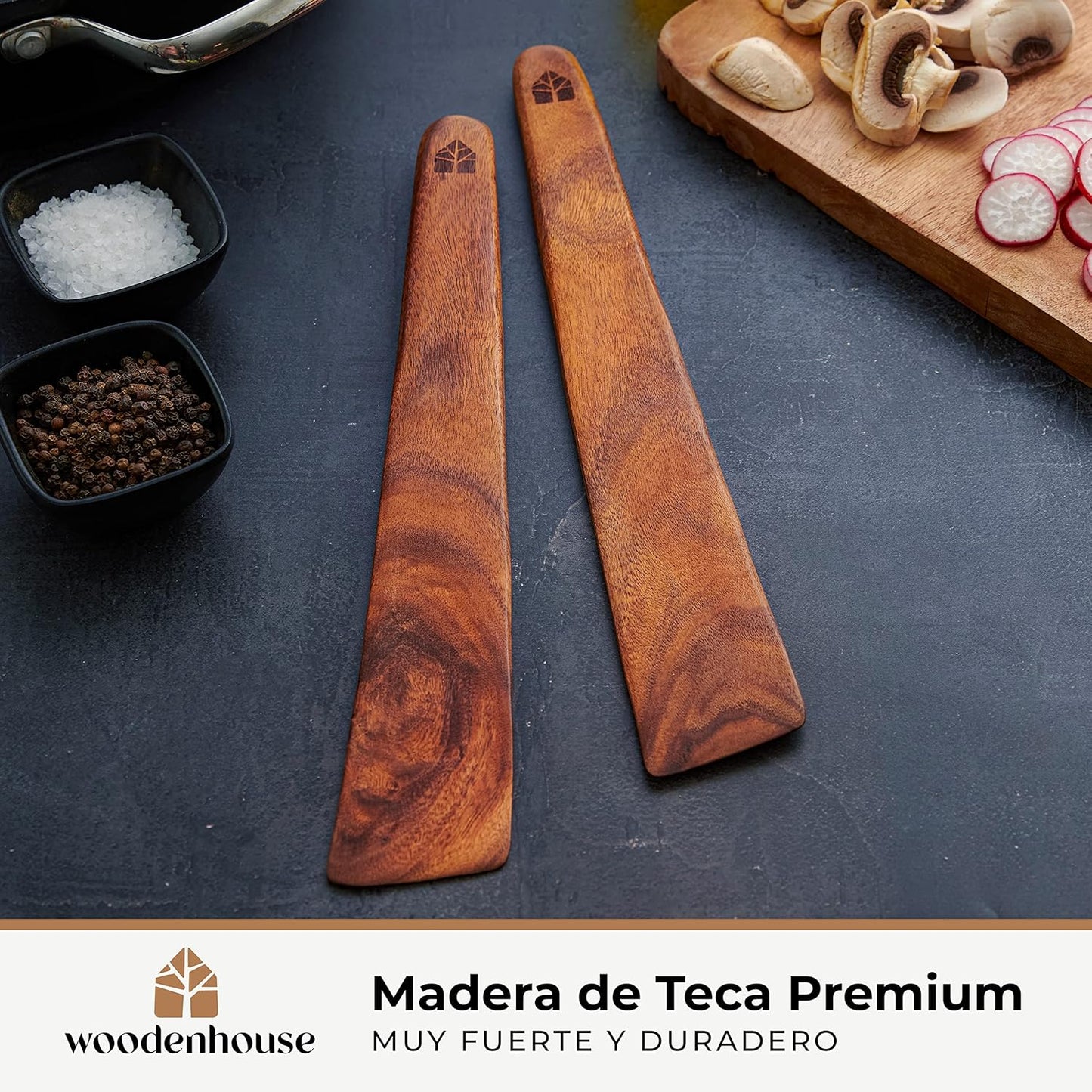 Espátulas de cocina 100% madera de teca | Set de 2 palas naturales 30 cm