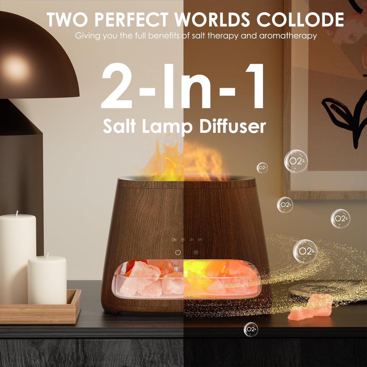 Humidificador Ultrasónico 2 en 1 | Difusor de Aceites Esenciales con Lámpara de Sal del Himalaya Natural