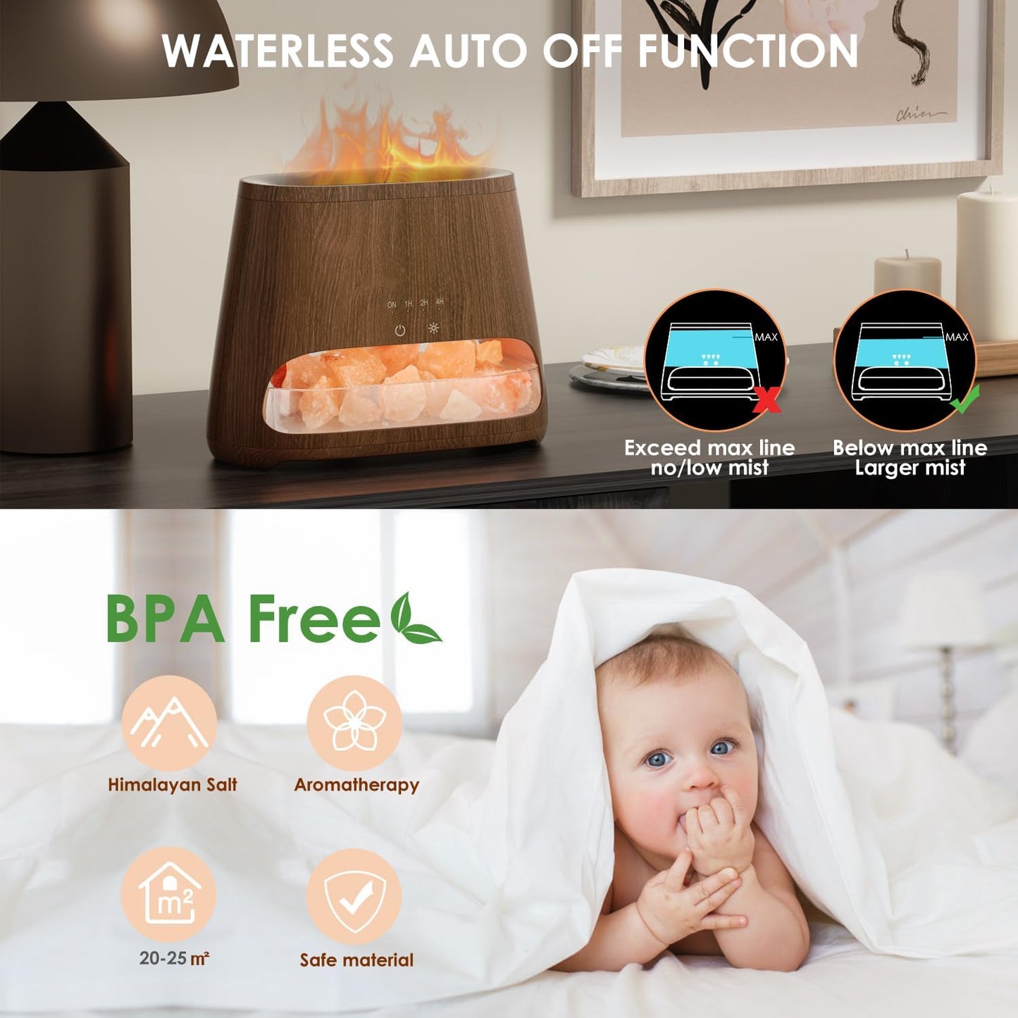 Humidificador Ultrasónico 2 en 1 | Difusor de Aceites Esenciales con Lámpara de Sal del Himalaya Natural