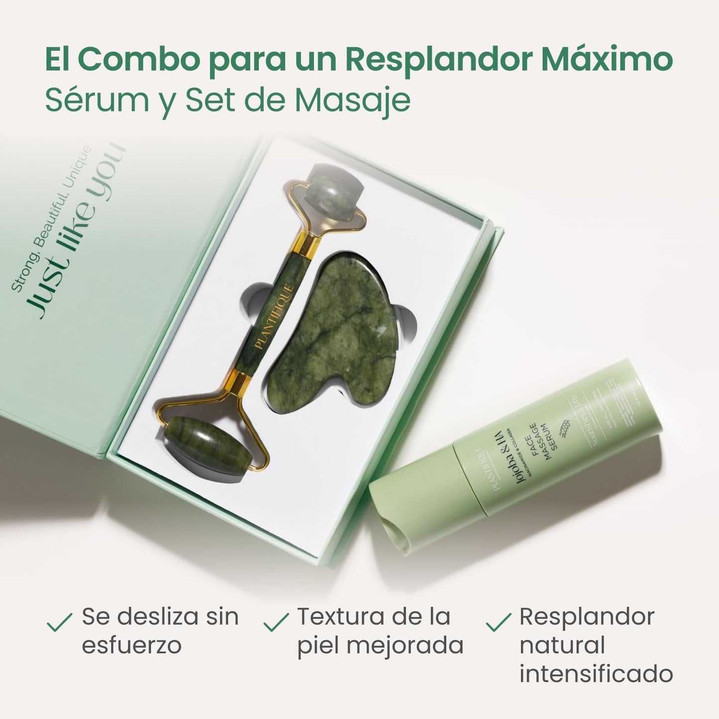 Rodillo Facial y Gua Sha de Jade | Masajeador Antiarrugas para Tonificar la Piel y Activar la Energía