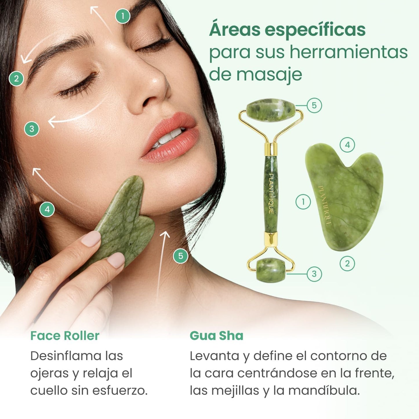 Rodillo Facial y Gua Sha de Jade | Masajeador Antiarrugas para Tonificar la Piel y Activar la Energía
