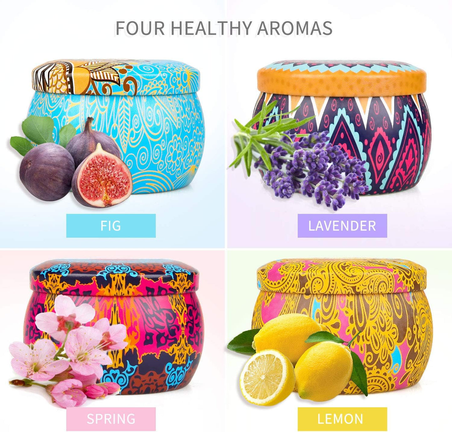 Velas Aromáticas Naturales – Pack de 4 (Lavanda, Higo, Vainilla y Rosa)