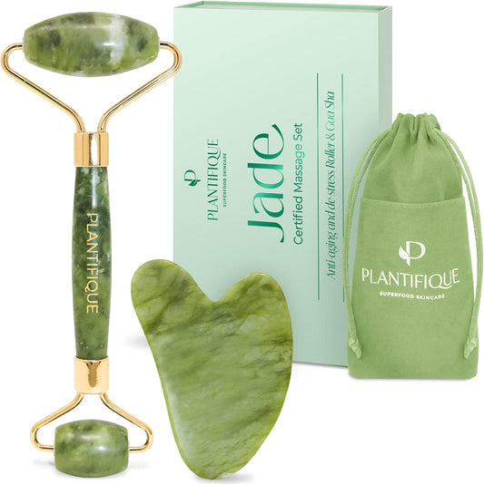 Rodillo Facial y Gua Sha de Jade | Masajeador Antiarrugas para Tonificar la Piel y Activar la Energía
