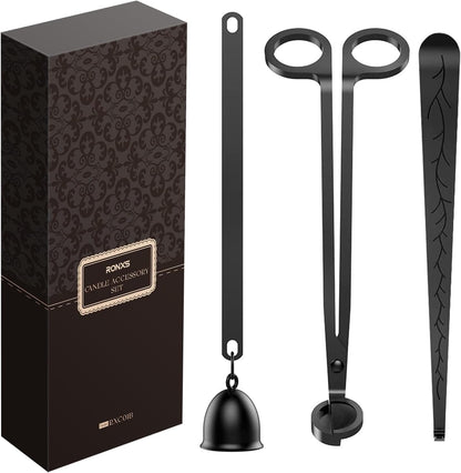 Kit de accesorios para velas en negro mate con apagavelas, tijeras corta-mechas y pinzas – elegancia y cuidado en cada ritual.