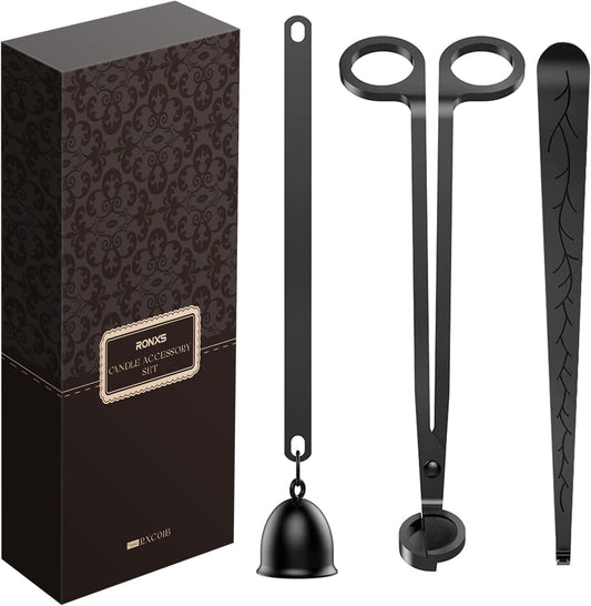 Kit de accesorios para velas en negro mate con apagavelas, tijeras corta-mechas y pinzas – elegancia y cuidado en cada ritual.