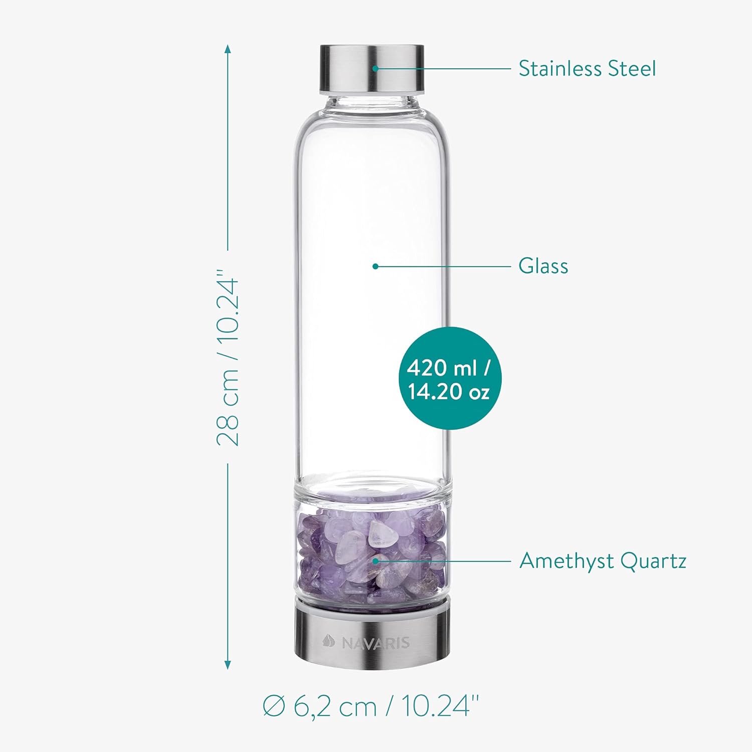 Botella de cristal Navaris con amatista natural en la base – Agua energizada 420 ml.
