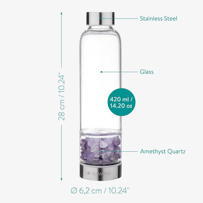 Botella de cristal Navaris con amatista natural en la base – Agua energizada 420 ml.
