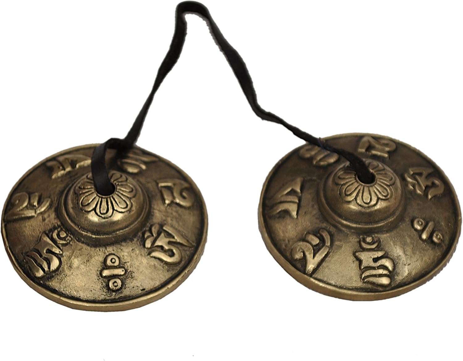 Tingsha tibetanos de bronce con mantra Om Mani Padme Hum – sonido sagrado para meditación y rituales.
