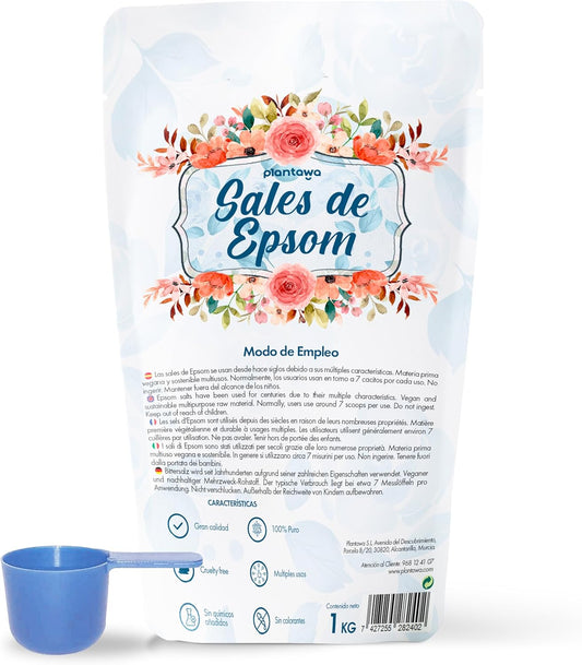 Sales de Epsom Plantawa 1 kg – 100 % puras para baños relajantes y recuperación natural.

