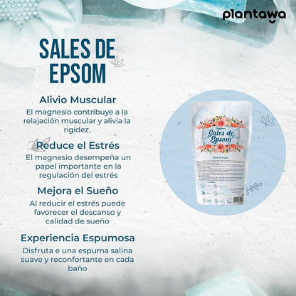 Sales de Epsom Plantawa 1 kg – 100 % puras para baños relajantes y recuperación natural.
