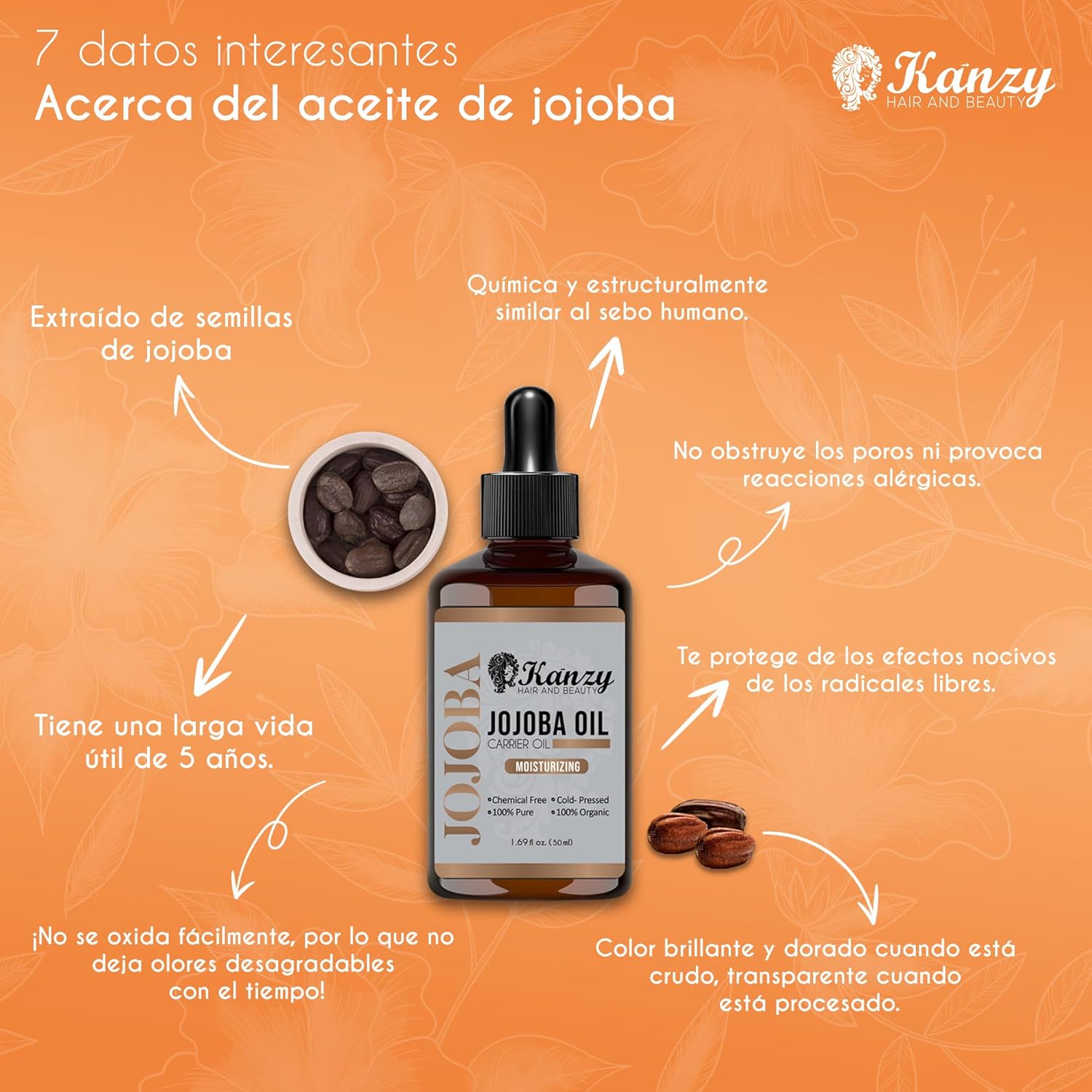 Aceite de jojoba orgánico 50 ml Kanzy – hidratación natural para piel y cabello.