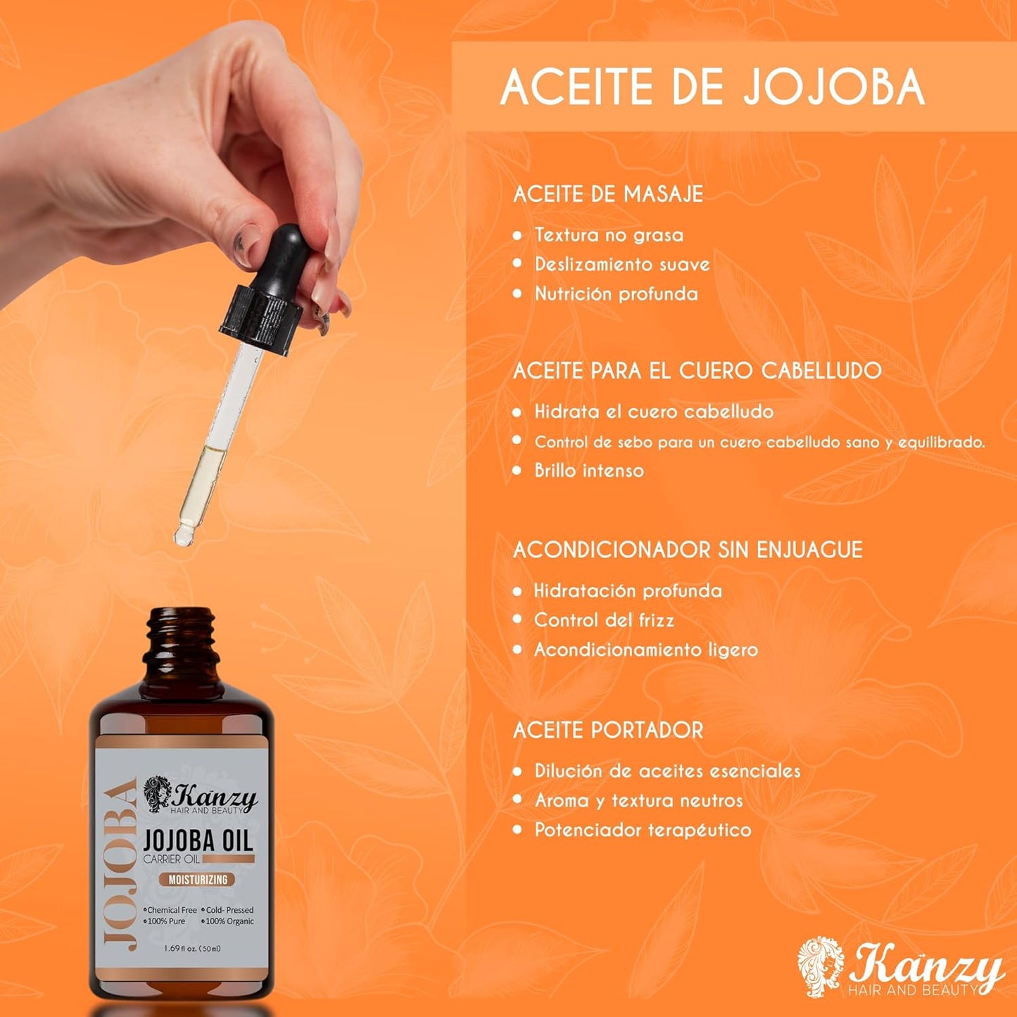 Aceite de jojoba orgánico 50 ml Kanzy – hidratación natural para piel y cabello.