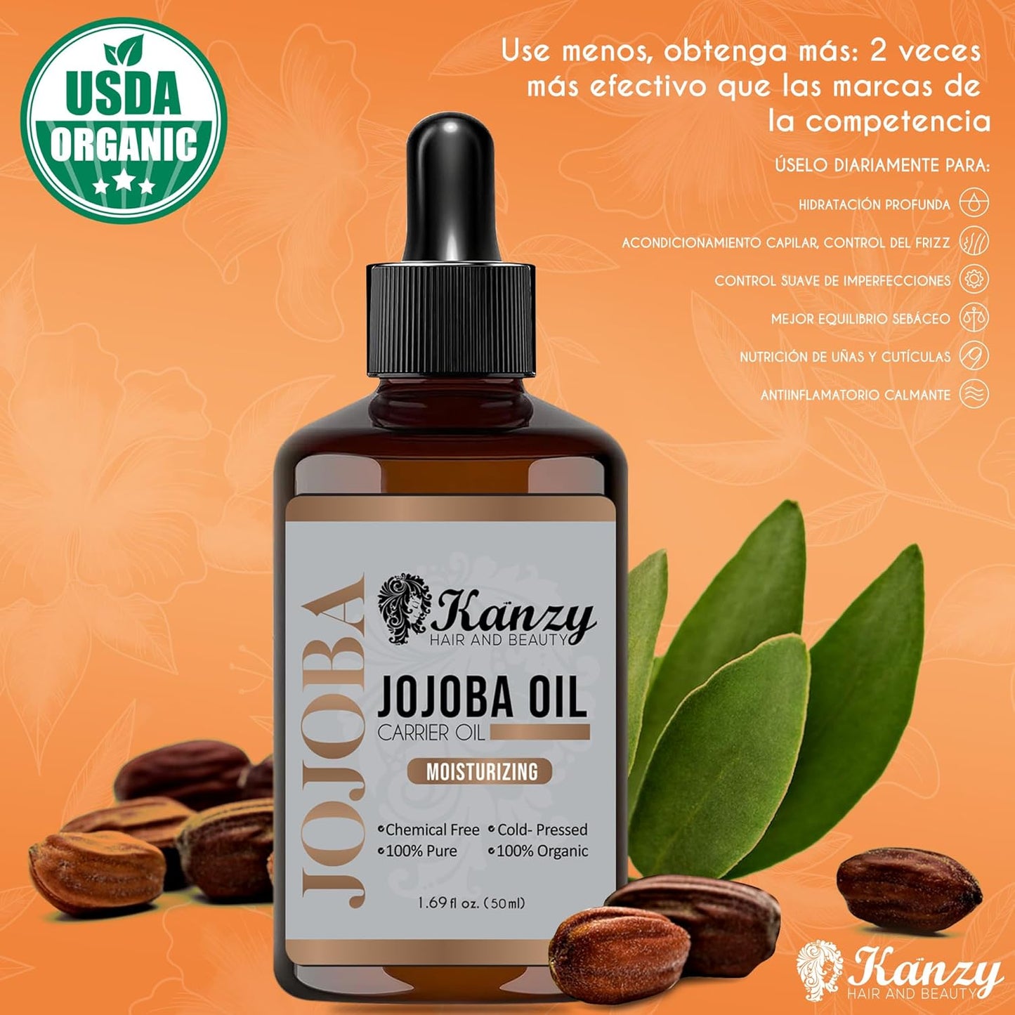 Aceite de jojoba orgánico 50 ml Kanzy – hidratación natural para piel y cabello.