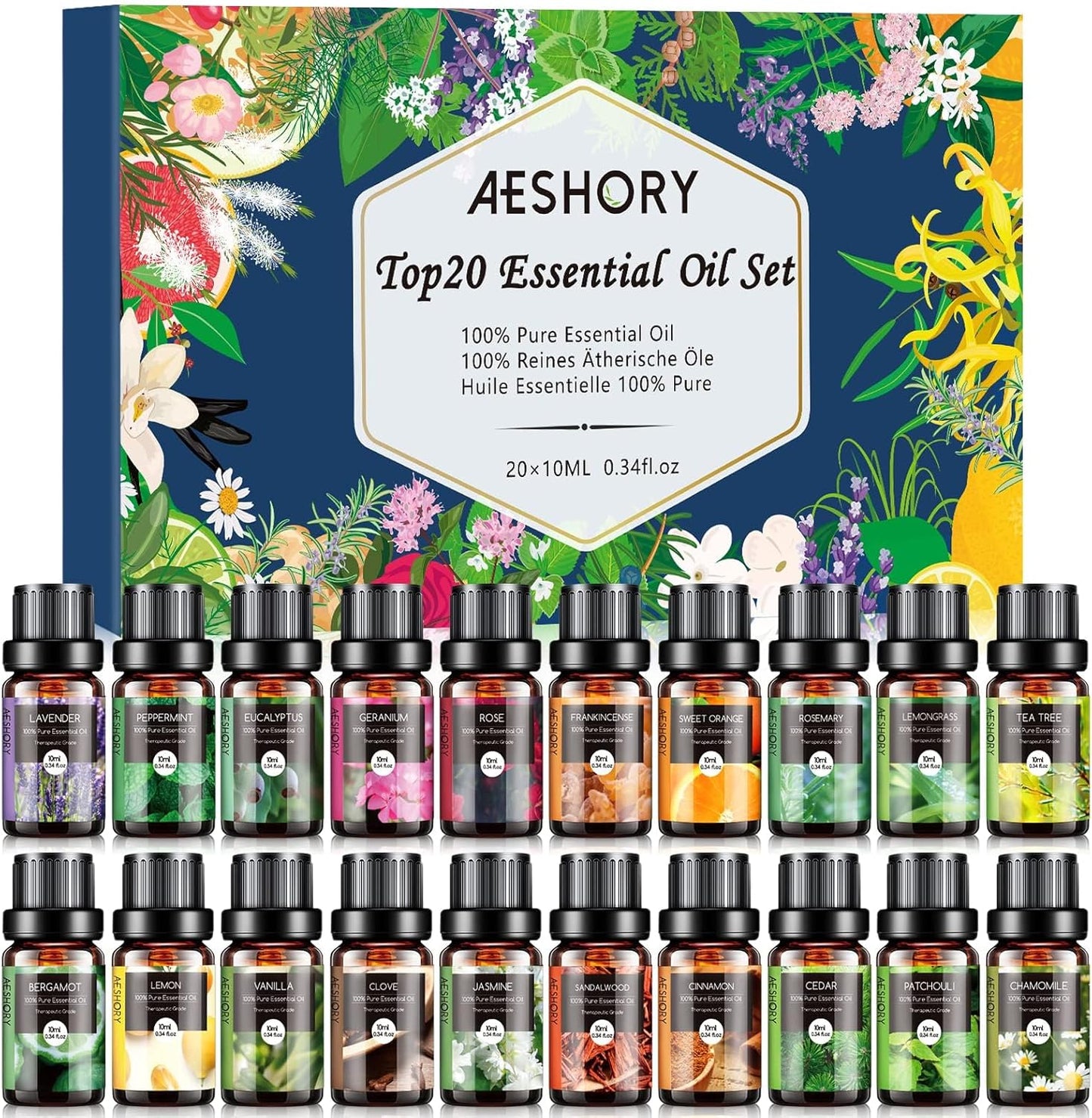 Set de Aceites Esenciales 100% Naturales | 20 Frascos de 10 ml | Aromaterapia, Difusor, SPA y Masajes