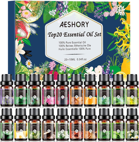 Set de Aceites Esenciales 100% Naturales | 20 Frascos de 10 ml | Aromaterapia, Difusor, SPA y Masajes