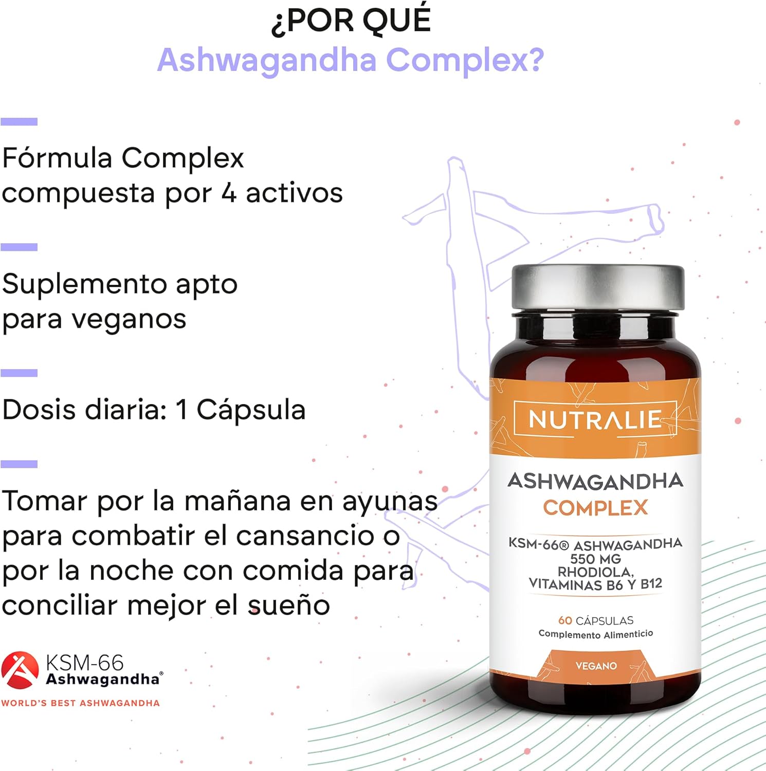 Frasco de Ashwagandha Complex Nutralie 60 cápsulas, suplemento natural adaptógeno