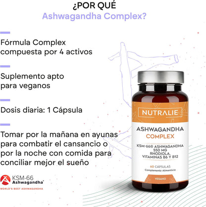 Frasco de Ashwagandha Complex Nutralie 60 cápsulas, suplemento natural adaptógeno