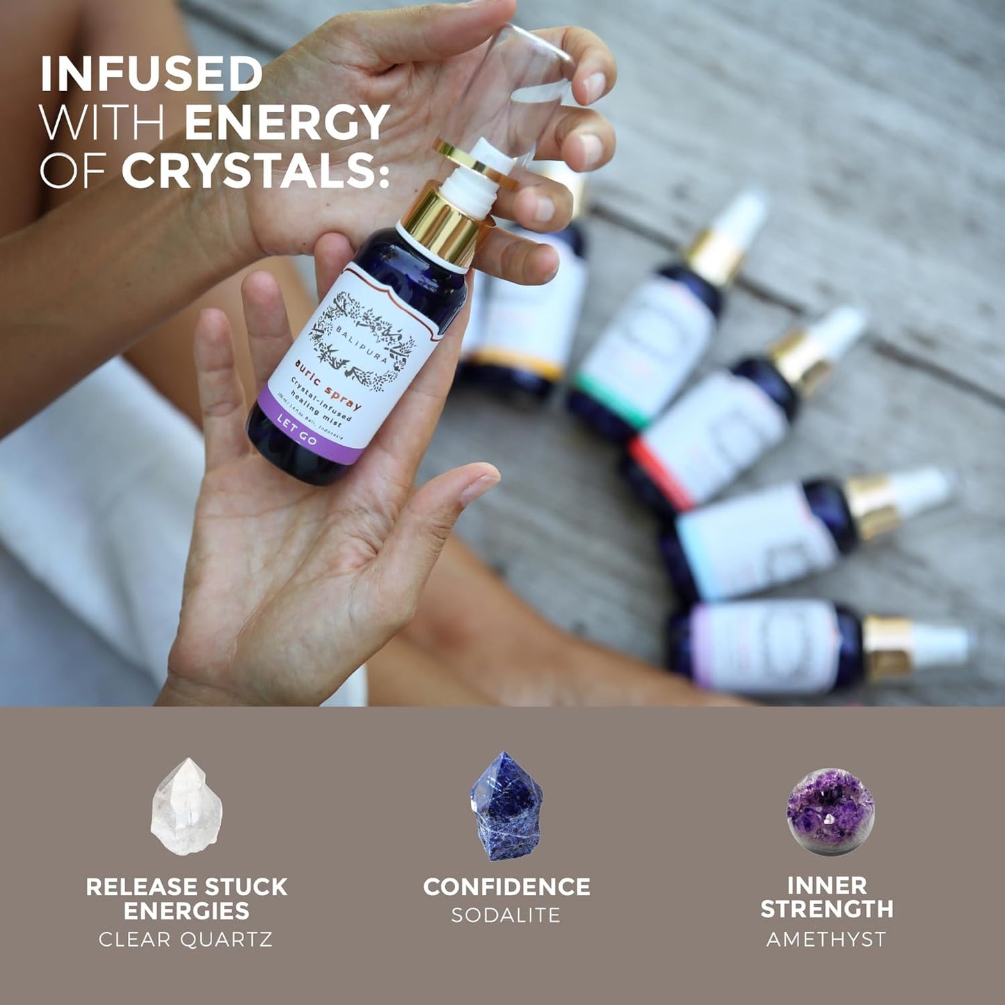 Aura Spray Let Go de Balipura – Mist energético con cristales y aceites esenciales para liberar estrés y miedos
