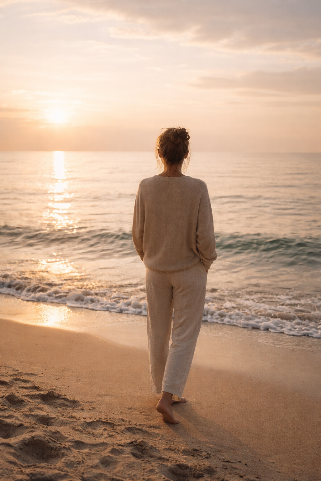 Persona de espaldas frente al mar al atardecer, en un momento de calma, amplitud y regreso al centro.
