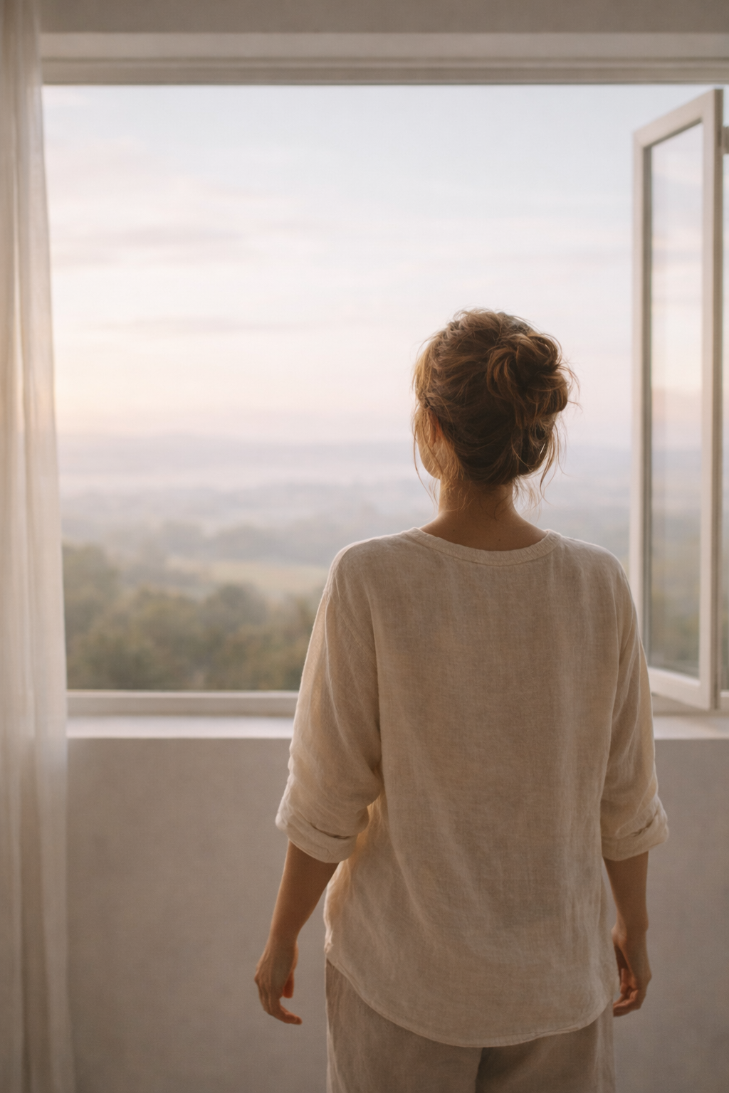 Persona frente a una ventana abierta mirando el horizonte, en un momento de claridad, apertura y visión interior.