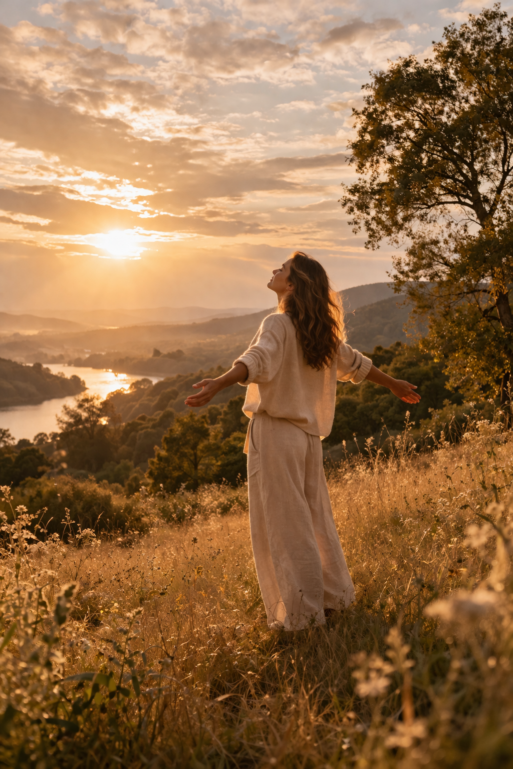 Persona en la naturaleza abierta al sol, sintiendo energía, amplitud y vitalidad desde el cuerpo.