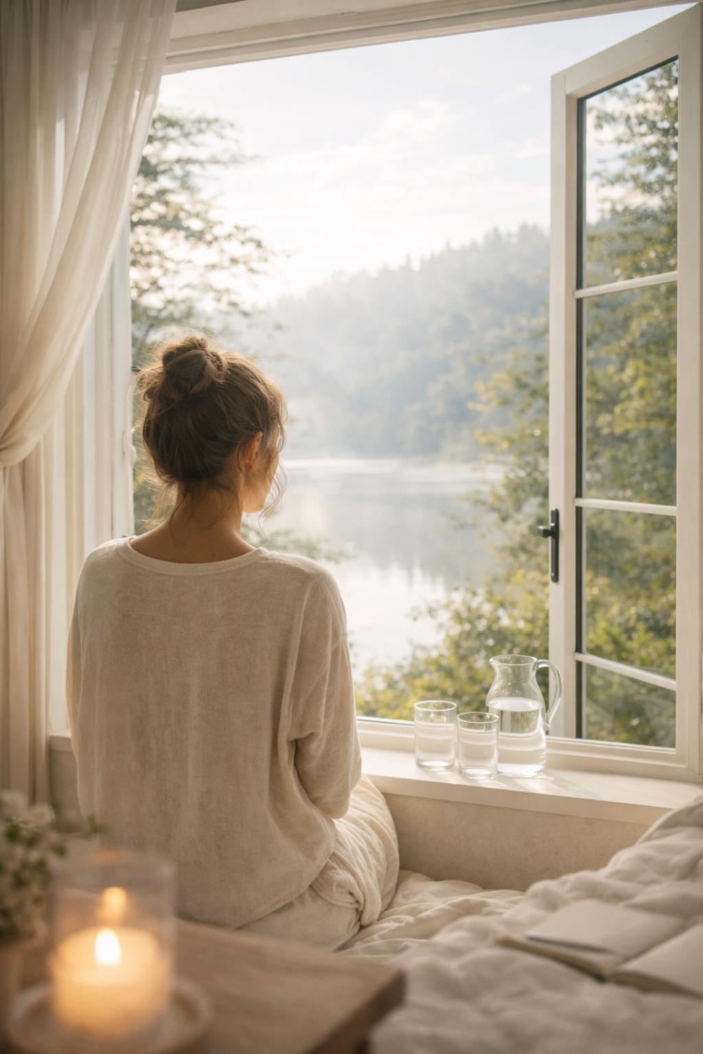 Persona contemplando la luz y el paisaje desde una ventana abierta, en un estado de gratitud, apertura y serenidad.