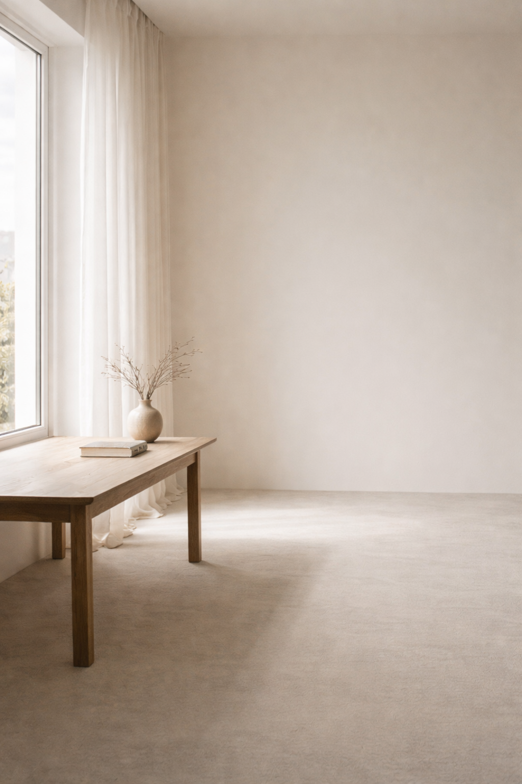 Espacio interior vacío y luminoso, minimalista y sereno, símbolo de silencio, presencia y profundidad.