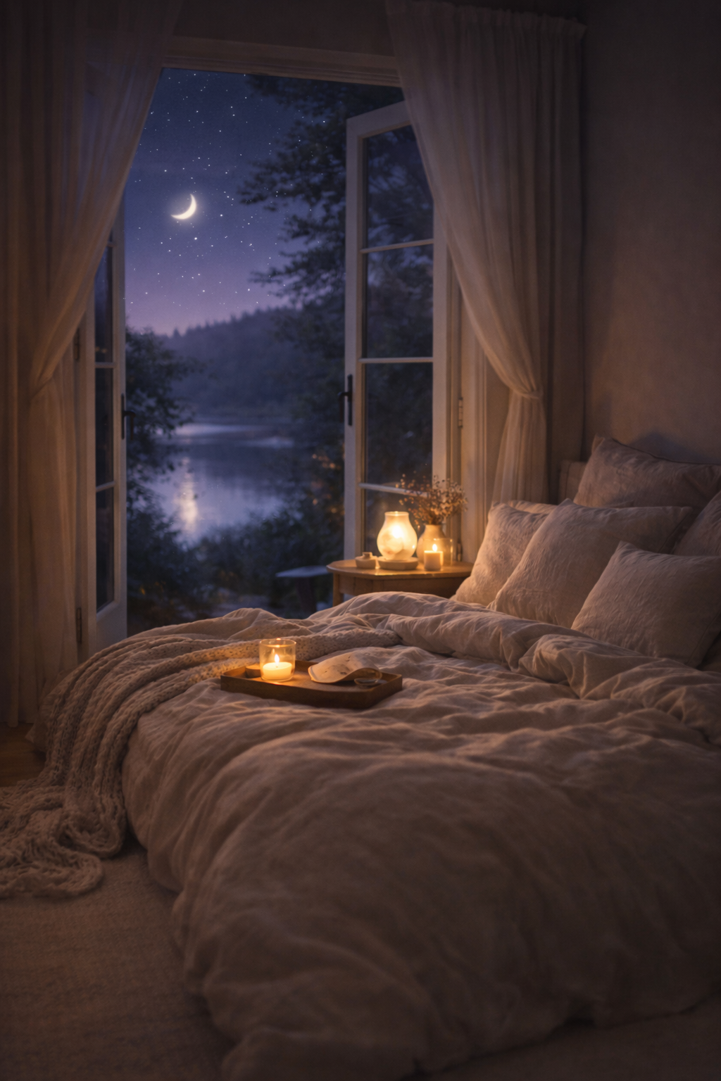 Dormitorio sereno con luz tenue y velas, preparado para una noche de descanso profundo y reparador.