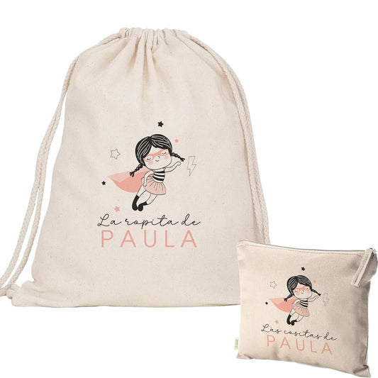Pack Mochila Infantil + Neceser Personalizados | Algodón Orgánico | Guardería y Meriendas