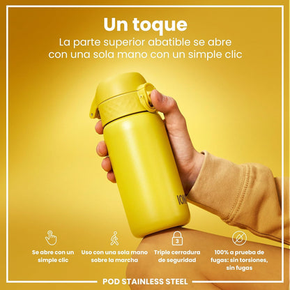 Botella infantil de acero inoxidable ION8 400ml – segura, compacta y sin fugas.
