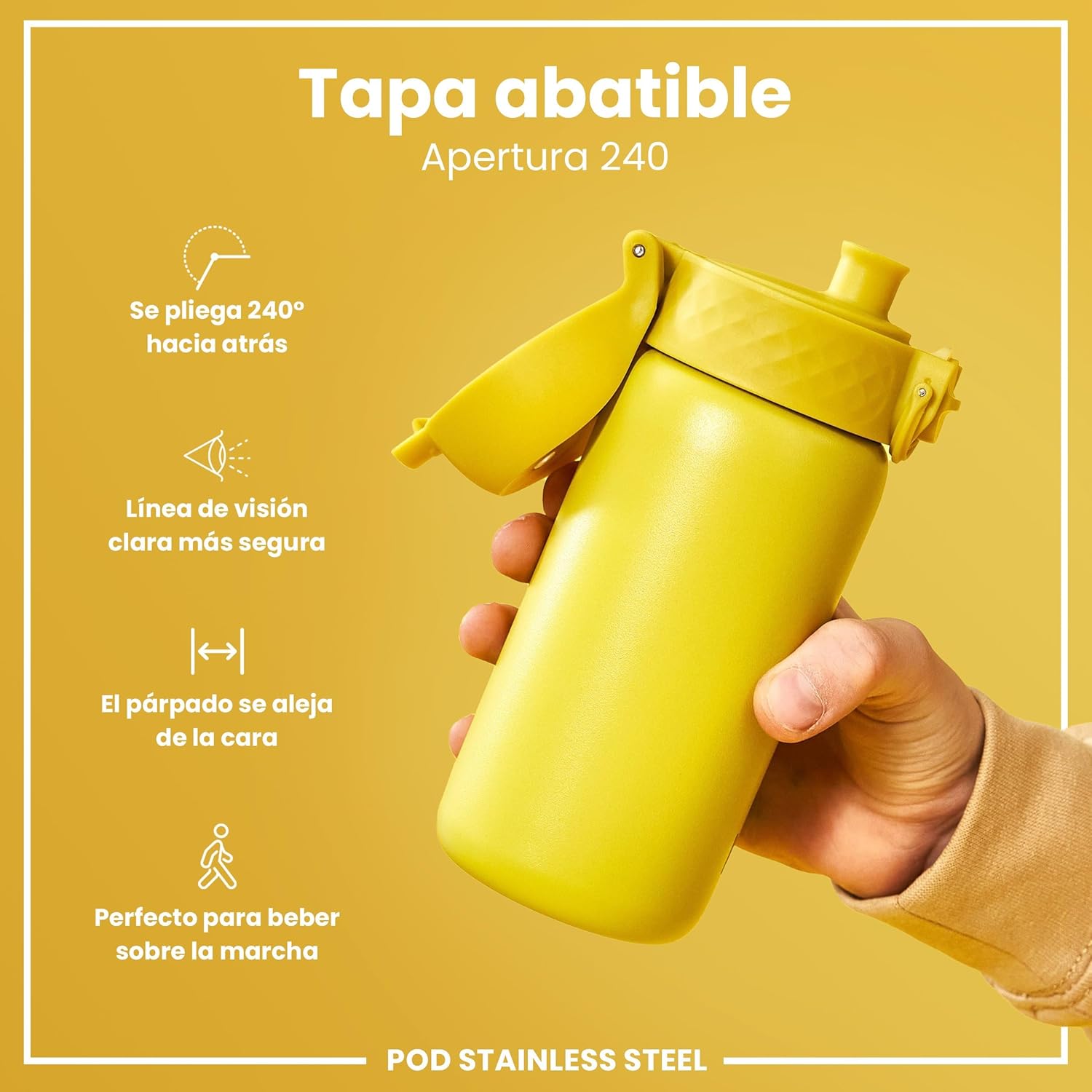 Botella infantil de acero inoxidable ION8 400ml – segura, compacta y sin fugas.
